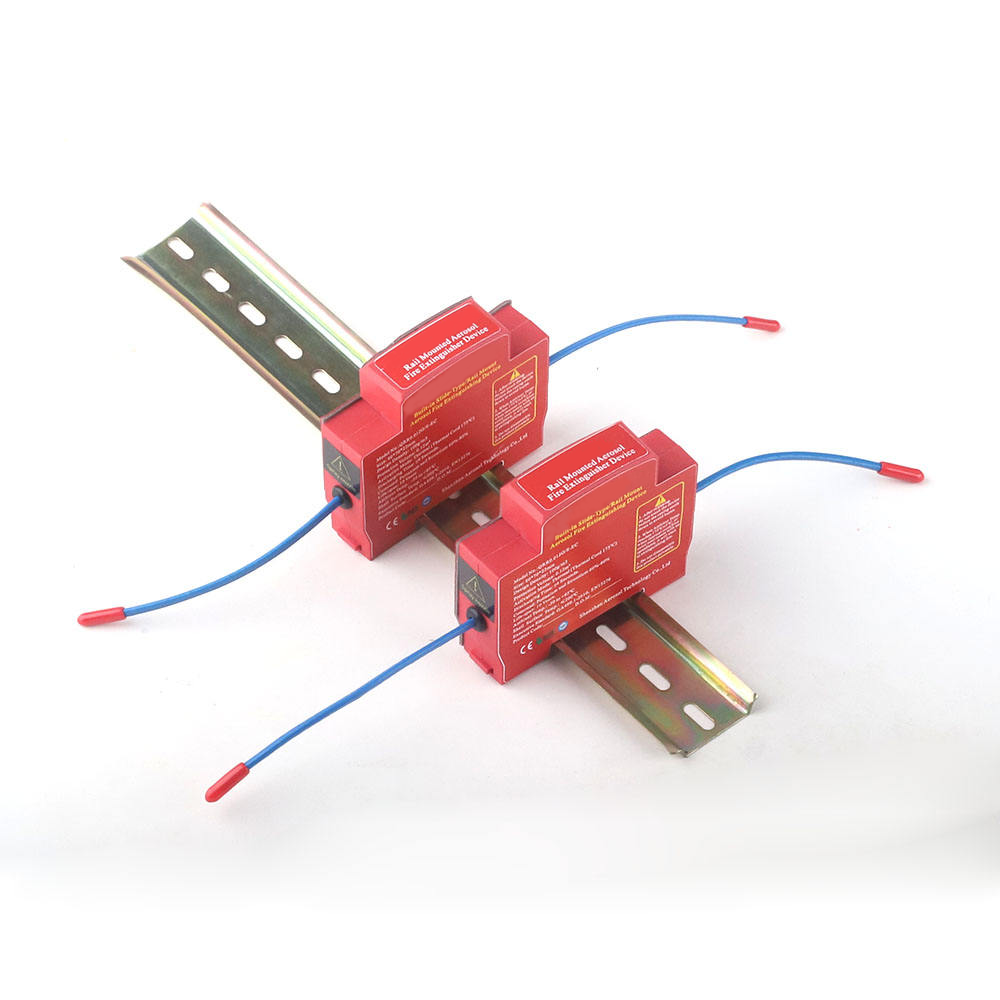 Walax 12G DIN-Rail Aerosol Fire Extinguisher mounted on a 35 mm DIN rail — compact footprint alongside circuit breakers