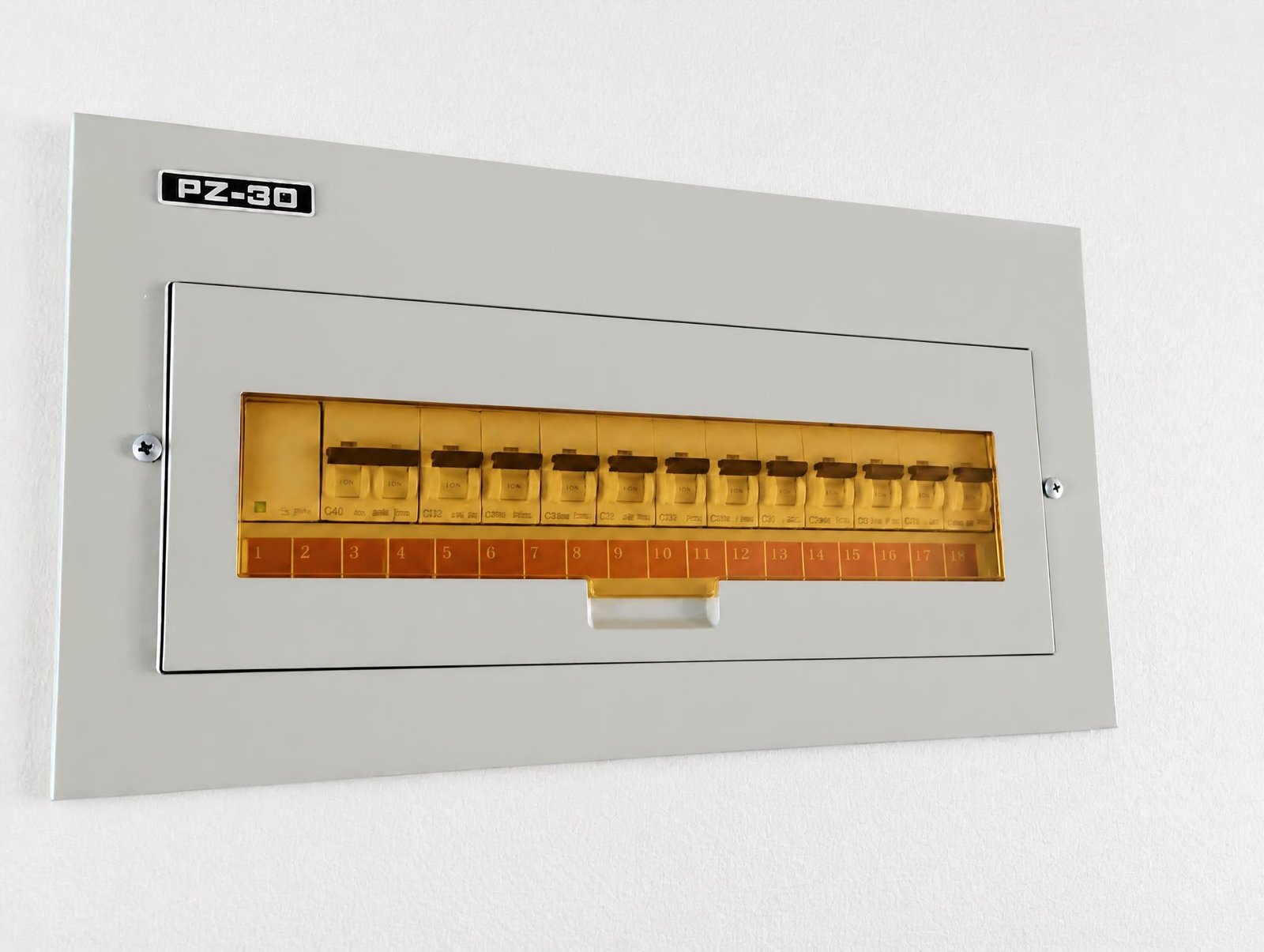 White ABB circuit breakers in a residential distribution panel